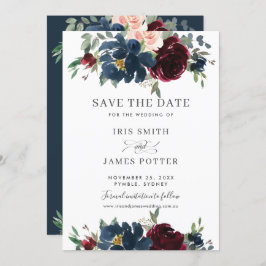 Burgundy Navy Blush Floral Wedding Save the Date Kaart