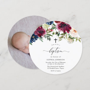 Burgundy Navy & Blush Flowers Baby Foto Baptisme Kaart