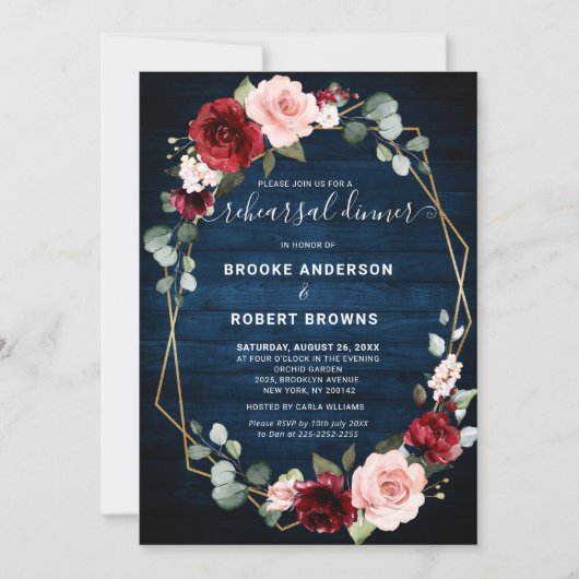 Burgundy Navy Blush Geometric Rehearsal Dinner Kaart (Voorkant)