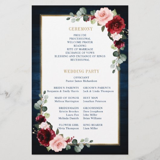 Burgundy Navy Blush Geometric Wedding Program (Achterkant)