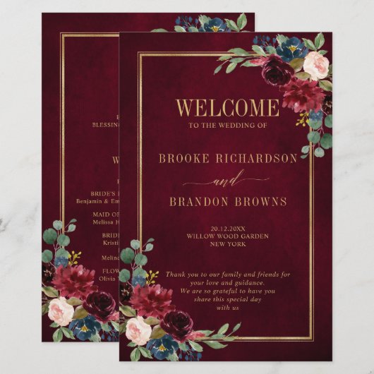Burgundy Navy Blush Geometric Wedding Program (Voorkant / Achterkant)
