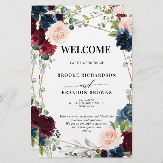 Burgundy Navy Blush Geometric Wedding Program (Voorkant / Achterkant)