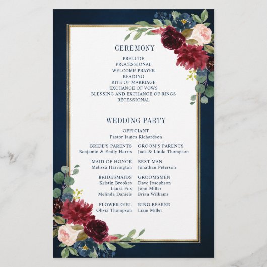 Burgundy Navy Blush Geometric Wedding Program (Achterkant)