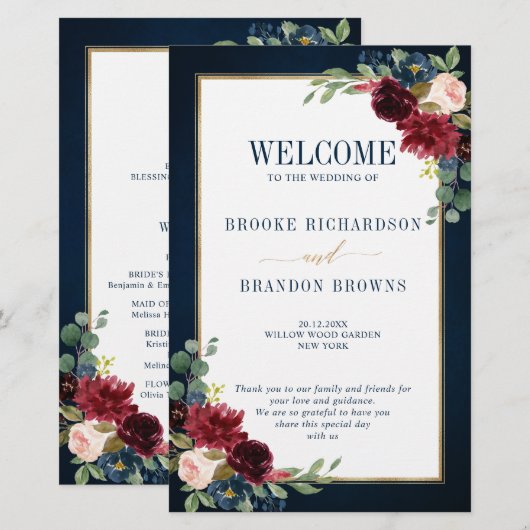Burgundy Navy Blush Geometric Wedding Program (Voorkant / Achterkant)
