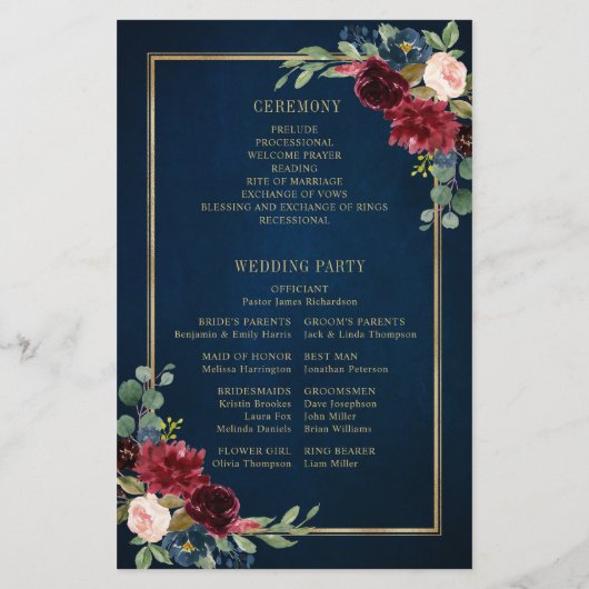 Burgundy Navy Blush Geometric Wedding Program (Achterkant)