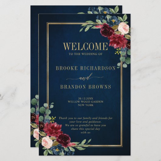 Burgundy Navy Blush Geometric Wedding Program (Voorkant / Achterkant)
