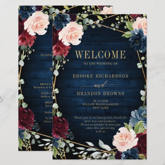 Burgundy Navy Blush Geometric Wedding Program (Voorkant / Achterkant)