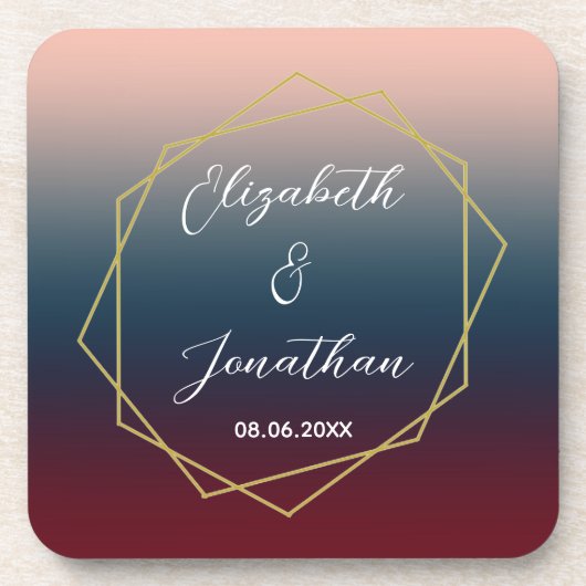 Burgundy Navy Blush Ombre Geometric Wedding Bier Onderzetter (Voorkant)