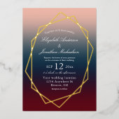 Burgundy Navy Blush Ombre Geometric Wedding Folie Uitnodiging (Voorkant)