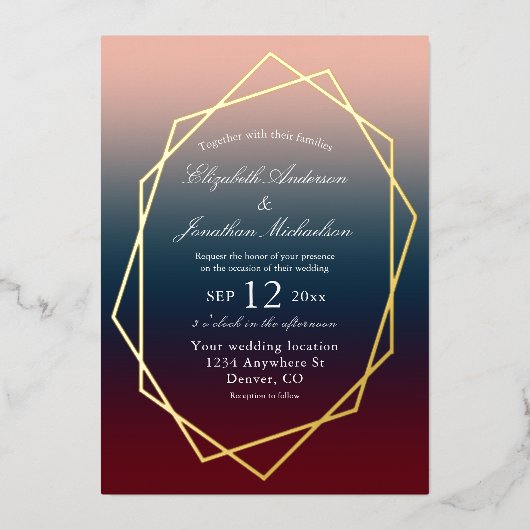 Burgundy Navy Blush Ombre Geometric Wedding Folie Uitnodiging (Voorkant)