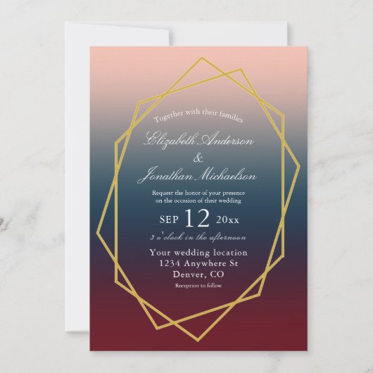 Burgundy Navy Blush Ombre Geometric Wedding Kaart (Voorkant)