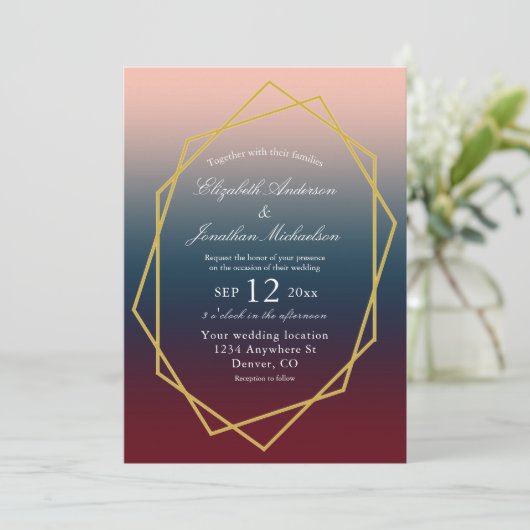Burgundy Navy Blush Ombre Geometric Wedding Kaart (Staand voorkant)