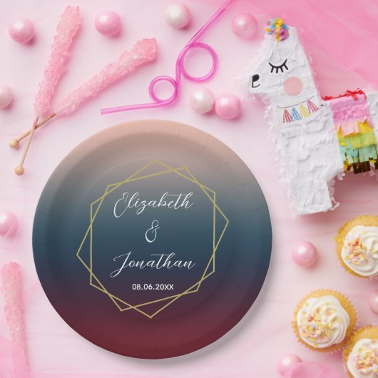 Burgundy Navy Blush Ombre Geometric Wedding Papieren Bordje (Feest)