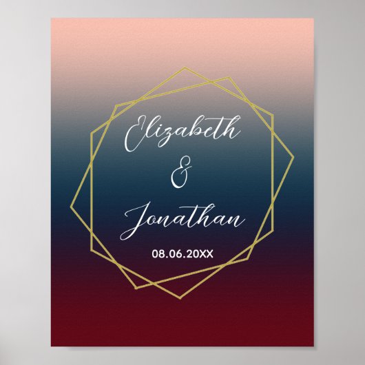 Burgundy Navy Blush Ombre Geometric Wedding Poster (Voorkant)