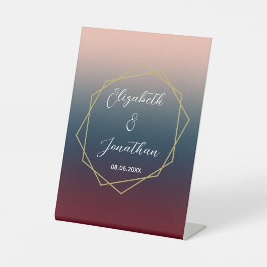 Burgundy Navy Blush Ombre Geometric Wedding Reclamebord Met Voetstuk (Voorkant)