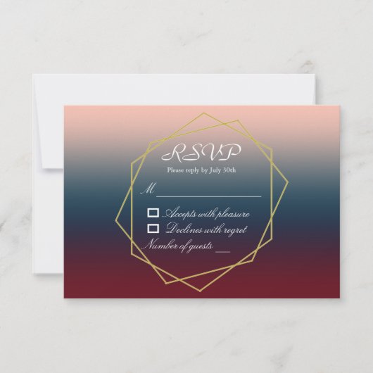 Burgundy Navy Blush Ombre Geometric Wedding RSVP Kaartje (Voorkant)