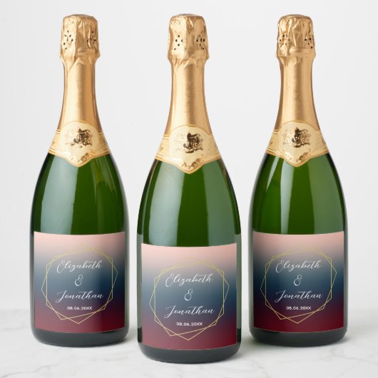 Burgundy Navy Blush Ombre Geometric Wedding Sparkling Wijnetiket (Flessen)