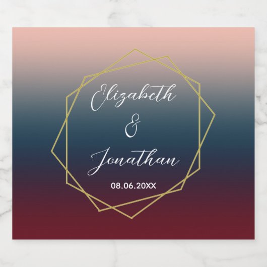 Burgundy Navy Blush Ombre Geometric Wedding Sparkling Wijnetiket (Enkel label)