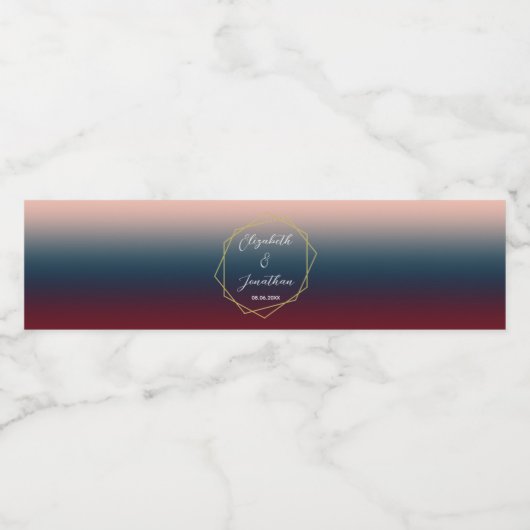 Burgundy Navy Blush Ombre Geometric Wedding Waterfles Etiket (Enkel label)