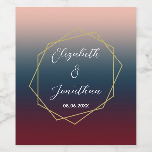 Burgundy Navy Blush Ombre Geometric Wedding Wijn Etiket (Enkel label)