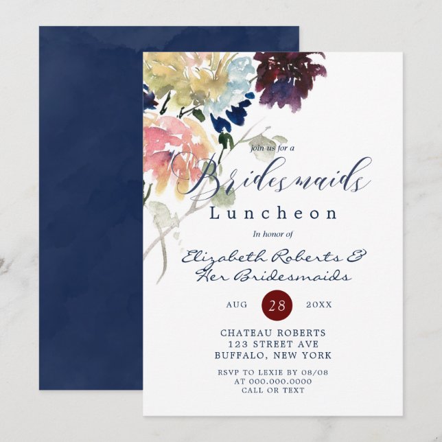 Burgundy Navy Blush Peony Bridesmaids Luncheon (Voorkant / Achterkant)