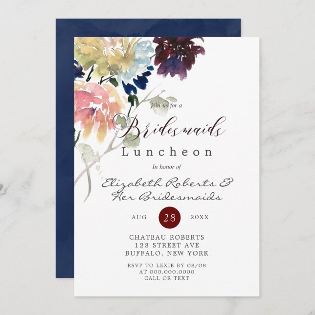 Burgundy Navy Blush Peony Bridesmaids Luncheon (Voorkant / Achterkant)