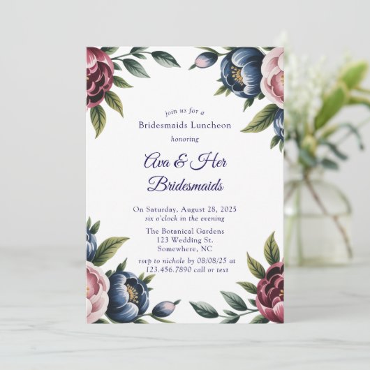 Burgundy Navy Blush Peony Bridesmaids Luncheon Kaart (Staand voorkant)