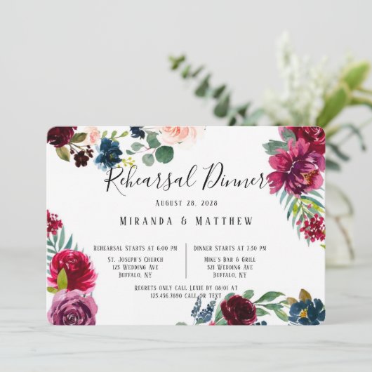 Burgundy Navy Blush Peony Rehearsal Dinner Kaart (Staand voorkant)