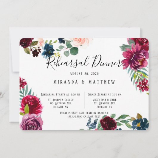 Burgundy Navy Blush Peony Rehearsal Dinner Kaart (Voorkant)