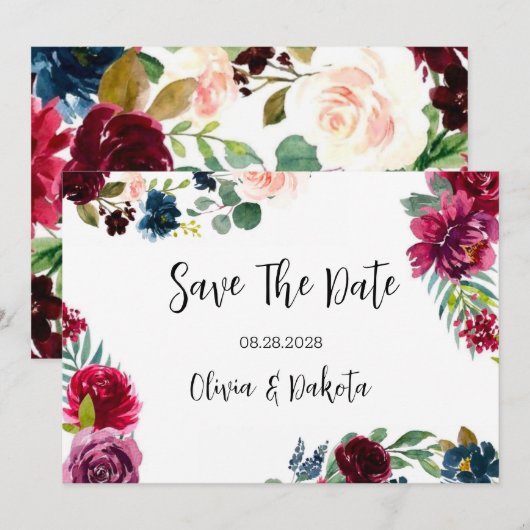 Burgundy Navy Blush Peony Save the Date Cards Kaart (Voorkant / Achterkant)