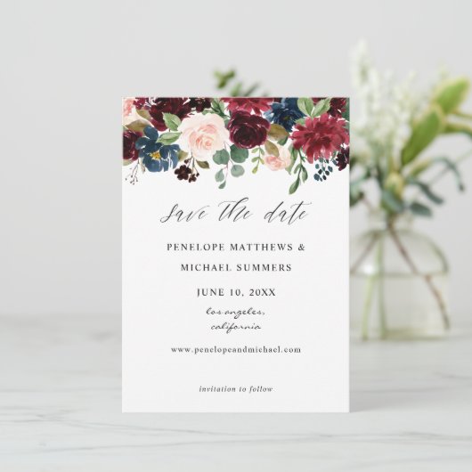 Burgundy, Navy & Blush Pink Floral Foto Save The Date (Staand voorkant)
