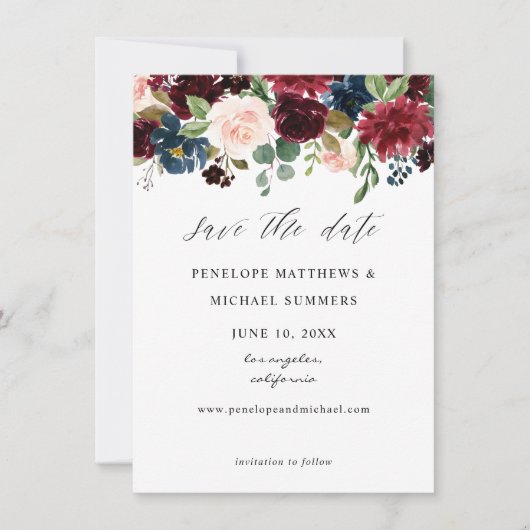 Burgundy, Navy & Blush Pink Floral Foto Save The Date (Voorkant)