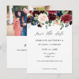 Burgundy, Navy & Blush Pink Floral Foto Save The Date