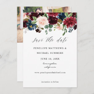 Burgundy, Navy & Blush Pink Floral Foto Save The Date