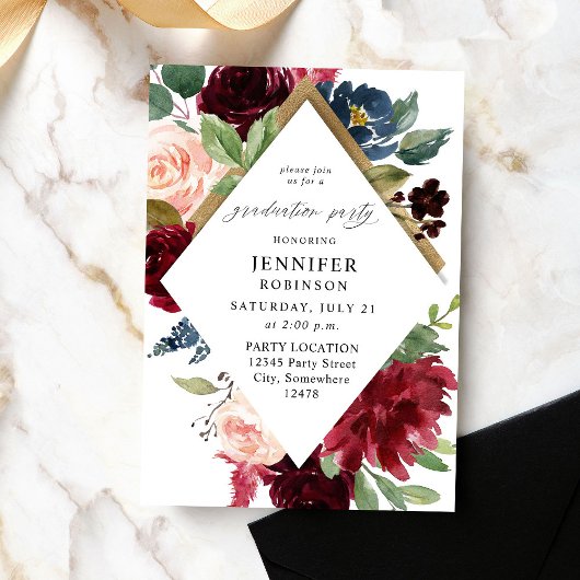 Burgundy Navy & Blush Pink Floral Gradual Party Kaart