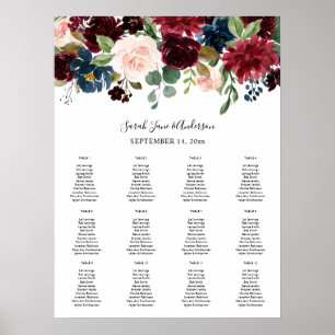 Burgundy, Navy Blush Pink Floral Seating Chart -12 Poster