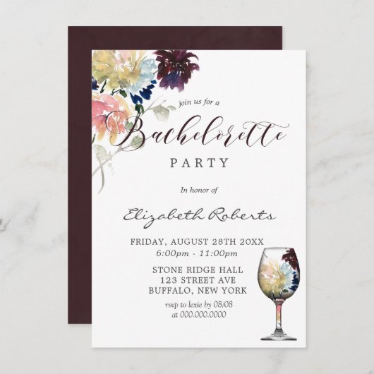 Burgundy Navy Blush Pink Peony Bachelorette Party Kaart (Voorkant / Achterkant)