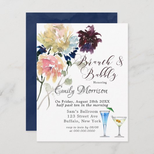 Burgundy Navy Blush Pink Peony Brunch & Bubble Inv Kaart (Voorkant / Achterkant)