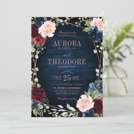 Burgundy Navy Blush Roos Gold Geometric Weddenscha Kaart (Staand voorkant)