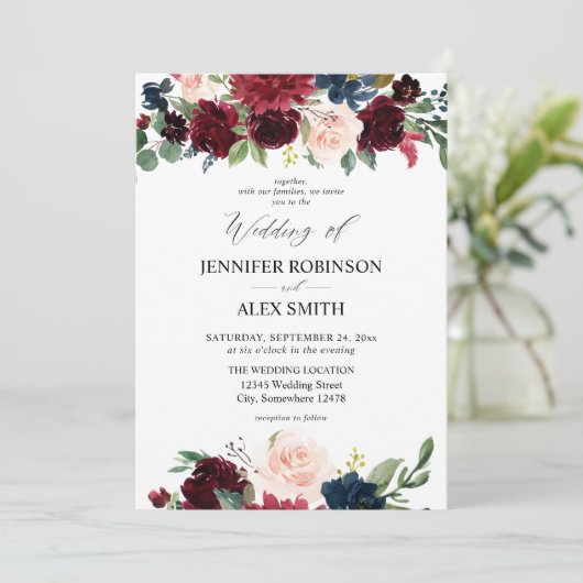 Burgundy & Navy, Blush Roze Bloemige Trouw 2 Uitno Kaart (Staand voorkant)