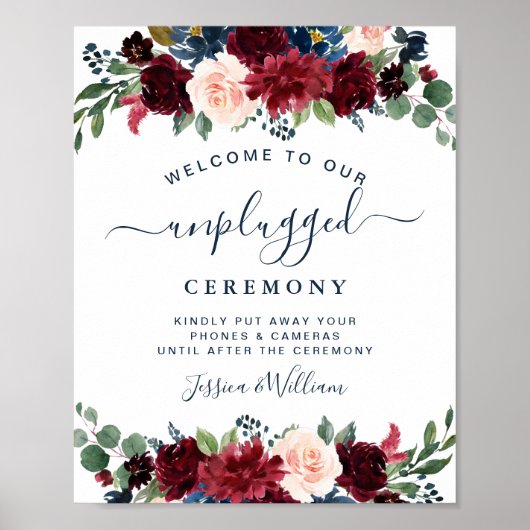 Burgundy Navy Blush Unplugged Wedding Ceremony Poster (Voorkant)