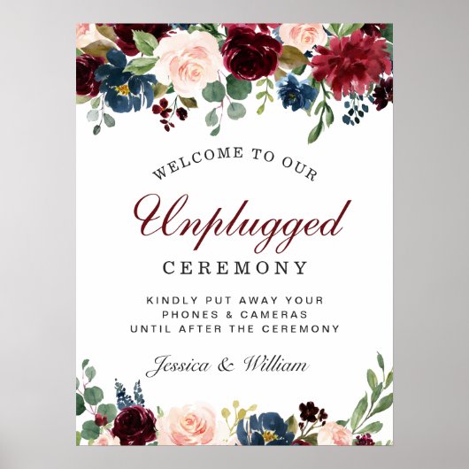 Burgundy Navy Blush Unplugged Wedding Ceremony Poster (Voorkant)