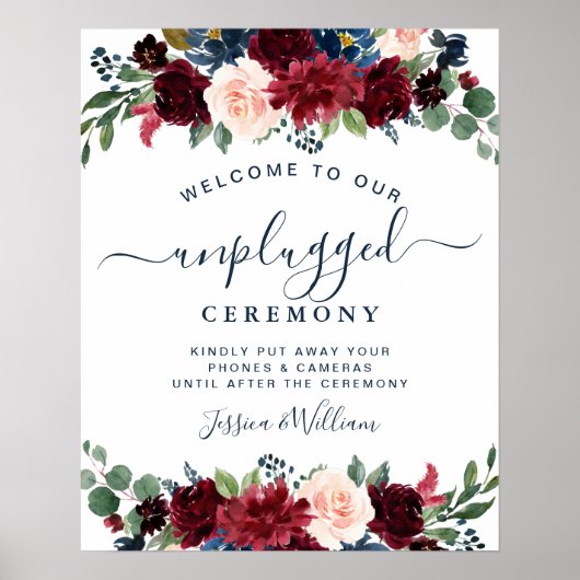 Burgundy Navy Blush Unplugged Wedding Ceremony Poster (Voorkant)