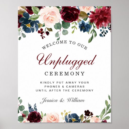 Burgundy Navy Blush Unplugged Wedding Ceremony Poster (Voorkant)