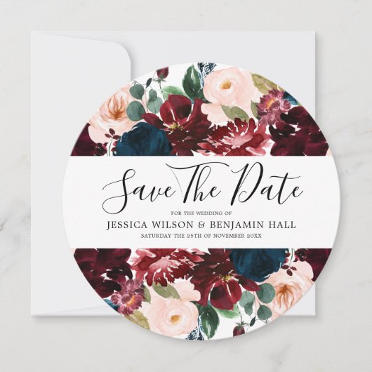 Burgundy Navy Blush Watercolor Bloemen Save The Date (Voorkant)