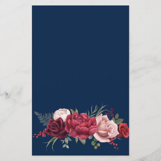 Burgundy Navy Blush Wedding Menu l Red Roses (Achterkant)