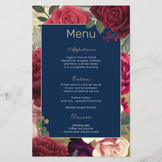 Burgundy Navy Blush Wedding Menu l Red Roses (Voorkant)