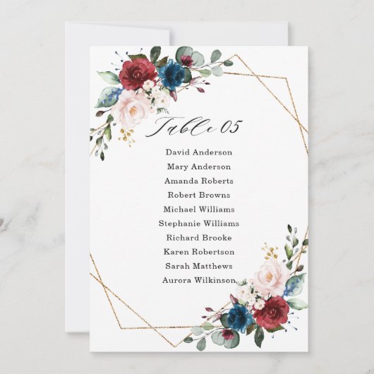 Burgundy Navy Blush Wedding Seating Chart Kaart (Voorkant)