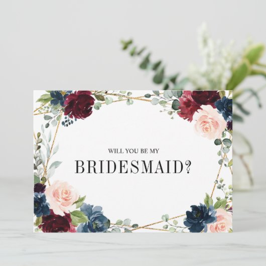 Burgundy Navy Blush word m'n bruidsmeisje Invi Kaart (Staand voorkant)