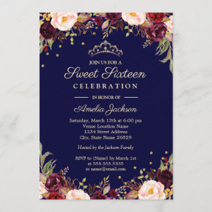Burgundy Navy Elegant Floral Sweet Sixteen Kaart